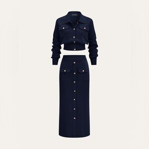 Metal Button Collared Cardigan and Midi Skirt Set Commense navy XL CC2-9